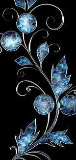 Abstract blue floral design on black background.