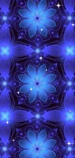 Blue abstract floral wallpaper with glowing patterns.