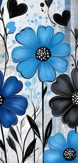 Blue and black abstract floral design wallpaper.