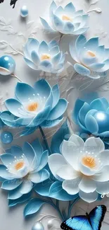 3D blue flowers and butterfly wallpaper design.