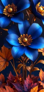 Vibrant blue flowers with autumn leaves wallpaper.