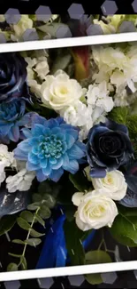 Floral bouquet with blue and white flowers in an elegant arrangement.