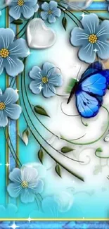 Blue butterfly with floral design wallpaper background.