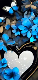 Blue flowers and butterflies with a heart design on a mobile wallpaper.