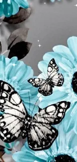 Blue flowers with black butterflies, elegant wallpaper.