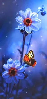 Blue flowers with butterfly on mobile wallpaper.