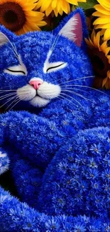 Blue floral cat surrounded by sunflowers in vibrant wallpaper.