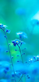 Blue wildflowers against green background, serene and vibrant.