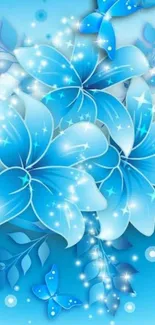 Blue floral fantasy wallpaper with butterflies and sparkles.