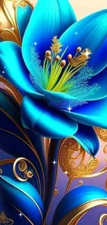 Vibrant blue flower with gold accents on a stylish phone wallpaper.