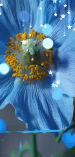 Blue flower with starry accents on a vibrant background.