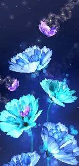 Blue floral fantasy wallpaper with glowing butterflies.