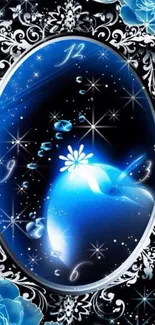 Blue floral galaxy wallpaper with stars and clock design.