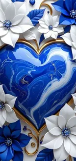 Blue heart and white flowers wallpaper design.