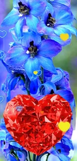 Vibrant blue flower with red heart design wallpaper.