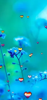 Blue flowers with colorful pixel hearts.