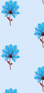 Blue floral wallpaper with abstract flowers on light blue background.