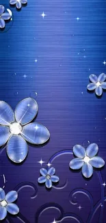 Blue floral wallpaper with glass-like flowers.