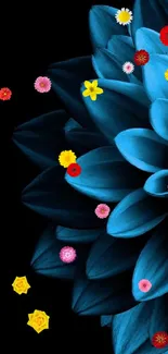 Blue floral wallpaper with dark background.