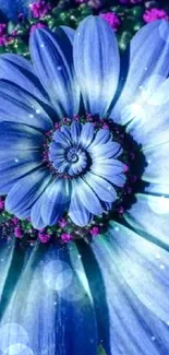 Intricate blue floral spiral with vibrant petals and artistic design.