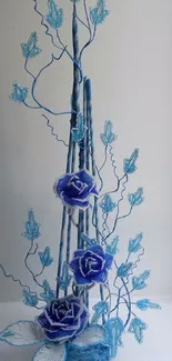 Blue floral wire art with roses on a mobile wallpaper