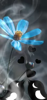 Blue flower with birds in artistic design on mobile wallpaper.