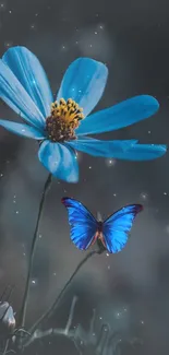 Blue flower and butterfly mobile wallpaper with elegant nature theme.