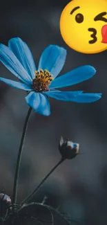 Blue flower with playful heart emoji on dark background.