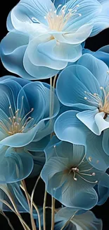 Artistic blue flowers with delicate petals on a dark mobile wallpaper.