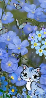 Delicate blue flowers with cartoon cat on mobile wallpaper.