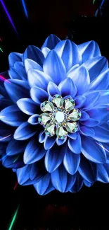 Vibrant blue flower digital art with radiant beams on dark background.