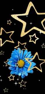 Blue flower and golden stars on black background mobile wallpaper.