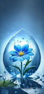 Blue flower inside a clear water droplet with vibrant colors and serene design.