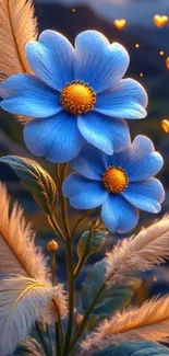 Blue flowers with golden hearts in vibrant design.