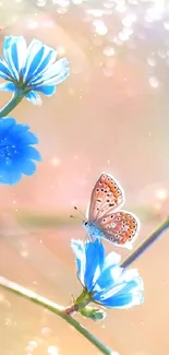 Blue flowers and butterfly in serene pastel tones on mobile wallpaper.