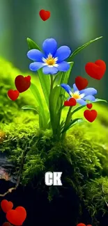 Blue flowers with red hearts on lush green moss background wallpaper.