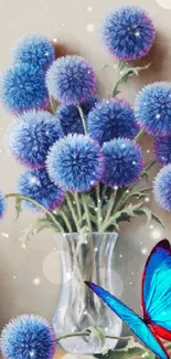 Blue flowers in a vase with butterfly in a serene wallpaper.