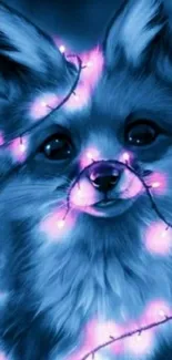 Blue fox with pink fairy lights on fur.