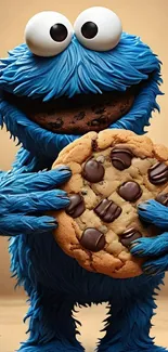 Blue furry character holding large cookies in vibrant cartoon style.