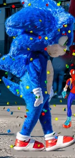 Blue furry character with hero in confetti street scene.