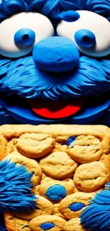 Blue furry character holds a cookie in vibrant wallpaper design.