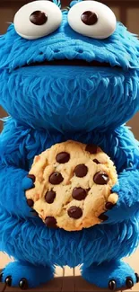 Blue furry creature holding a chocolate chip cookie in a fun setting.