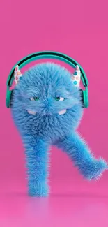 Blue furry monster with headphones on a pink background.