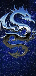 Metallic dragon against a blue galaxy backdrop, perfect for mobile screens.