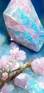 Blue gemstone with pink cherry blossoms wallpaper