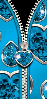 Blue zipper with gem-studded hearts in a stylish pattern.
