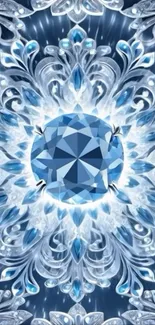 Elegant blue gem wallpaper with symmetrical patterns and sparkling design.