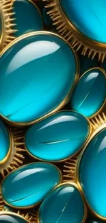 Teal gemstones with gold accents form a striking design.
