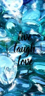 Blue gemstone wallpaper with 'Live Laugh Love' inscription.