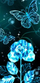 Blue geometric butterflies and rose wallpaper with dark background.